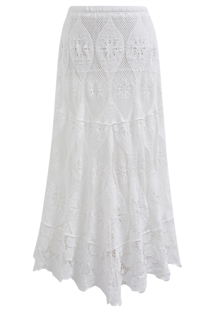 Bohemia Open-Knit Crochet Cotton Maxi Skirt in White