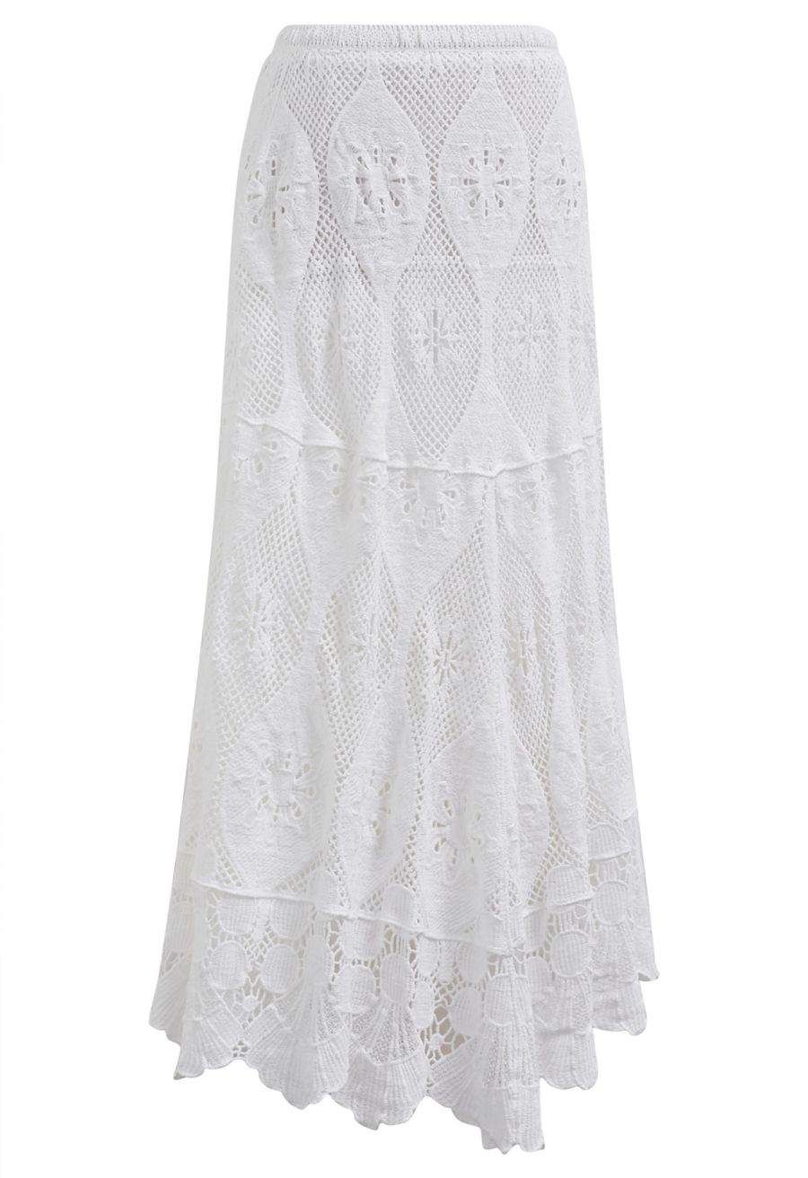 Bohemia Open-Knit Crochet Cotton Maxi Skirt in White