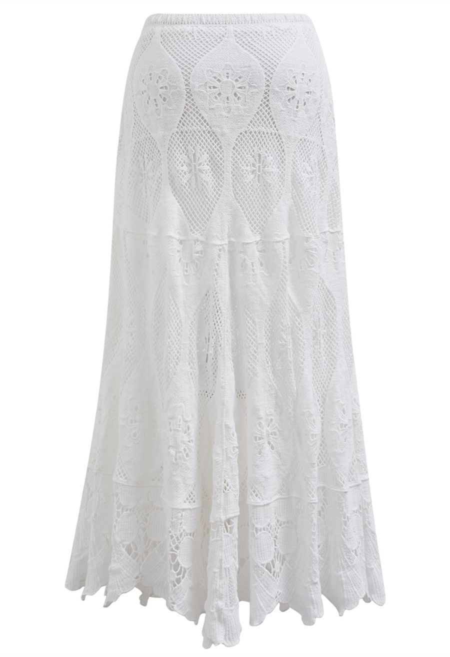Bohemia Open-Knit Crochet Cotton Maxi Skirt in White