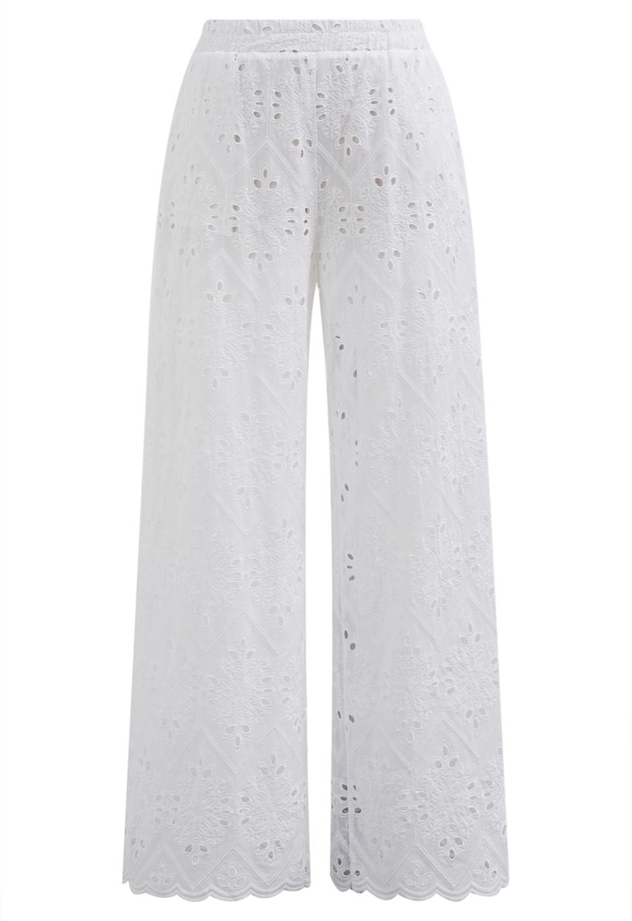 Tile Embroidered Eyelet Cotton Pants in White