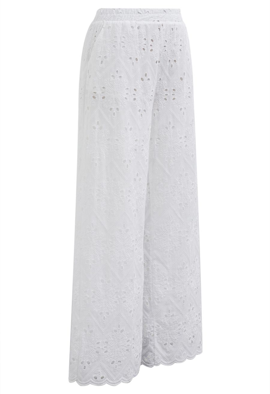 Tile Embroidered Eyelet Cotton Pants in White