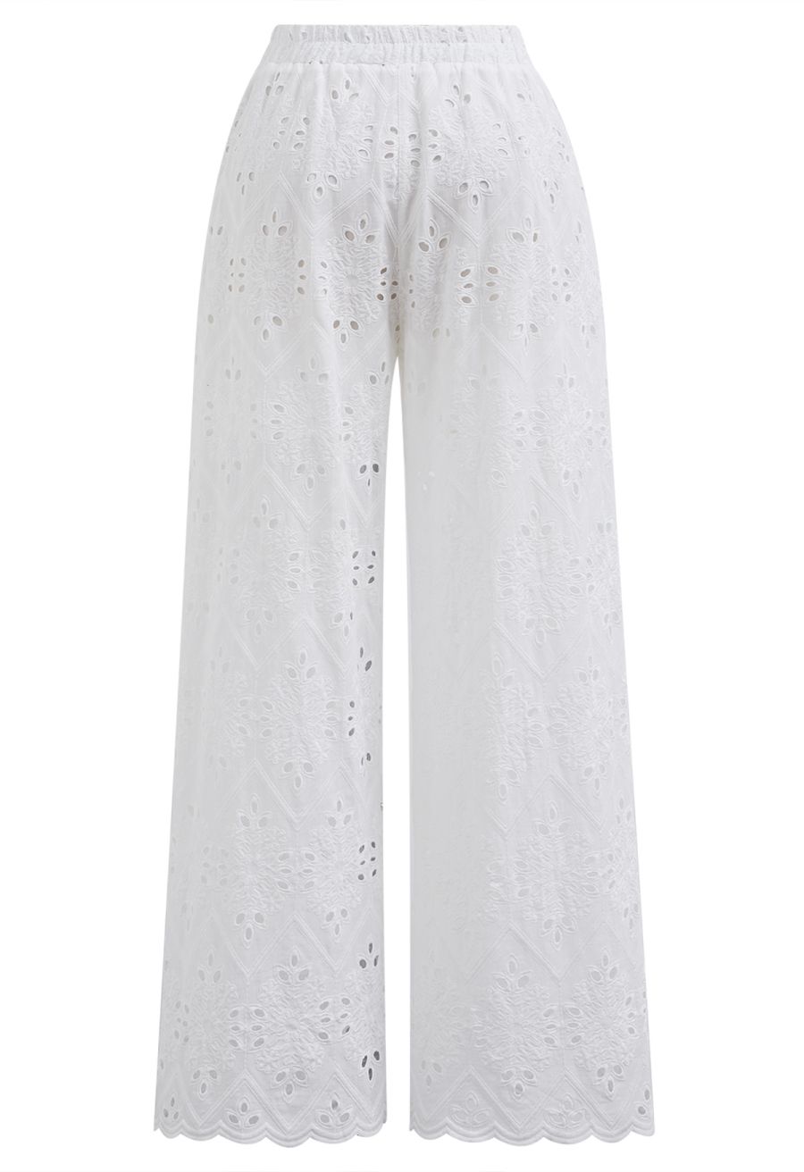 Tile Embroidered Eyelet Cotton Pants in White