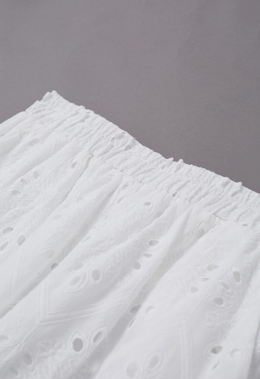 Tile Embroidered Eyelet Cotton Pants in White