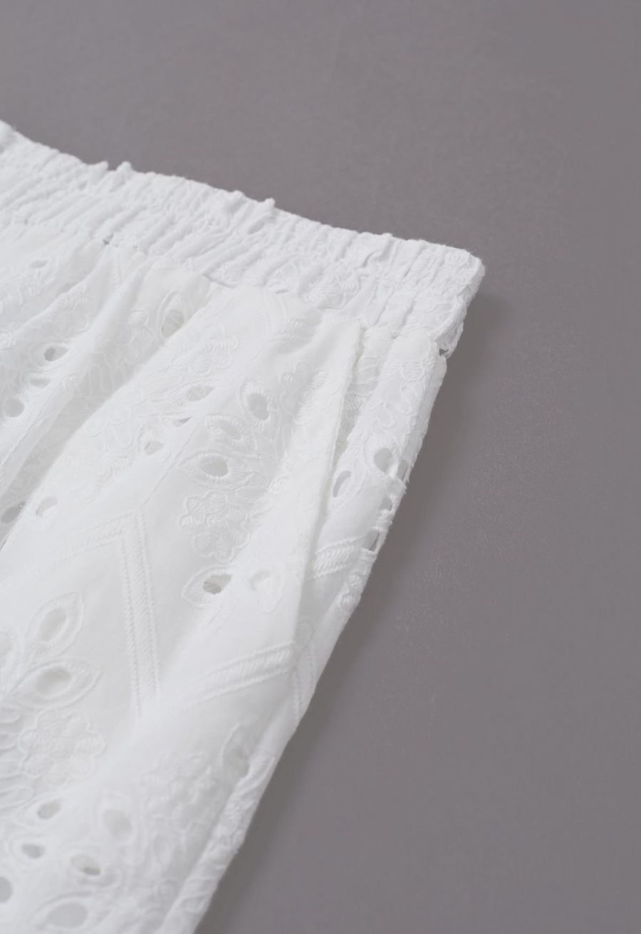 Tile Embroidered Eyelet Cotton Pants in White