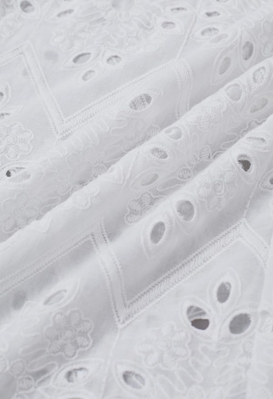Tile Embroidered Eyelet Cotton Pants in White