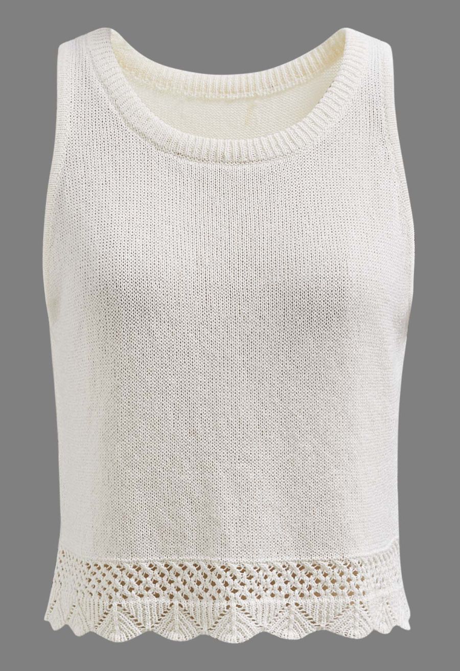 Crew Neck Sleeveless Cotton Crop Top in Ivory