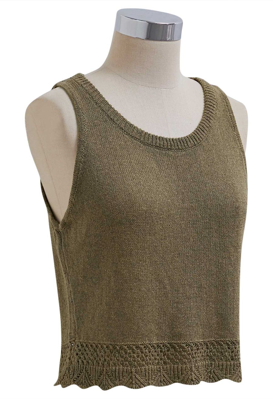 Crew Neck Sleeveless Cotton Crop Top in Olive