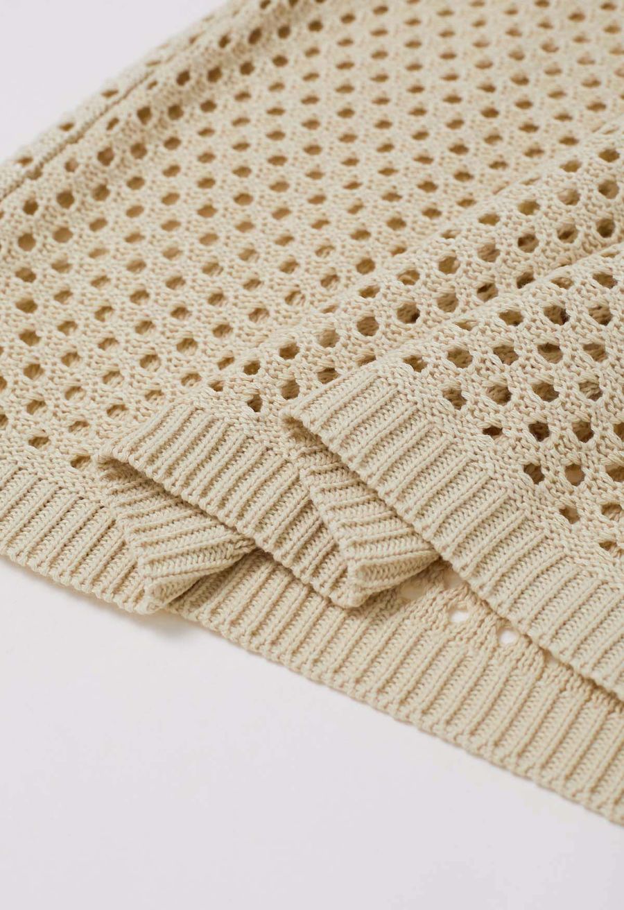 Open-Knit Crochet Longline Buttoned Top and Mini Skirt Set