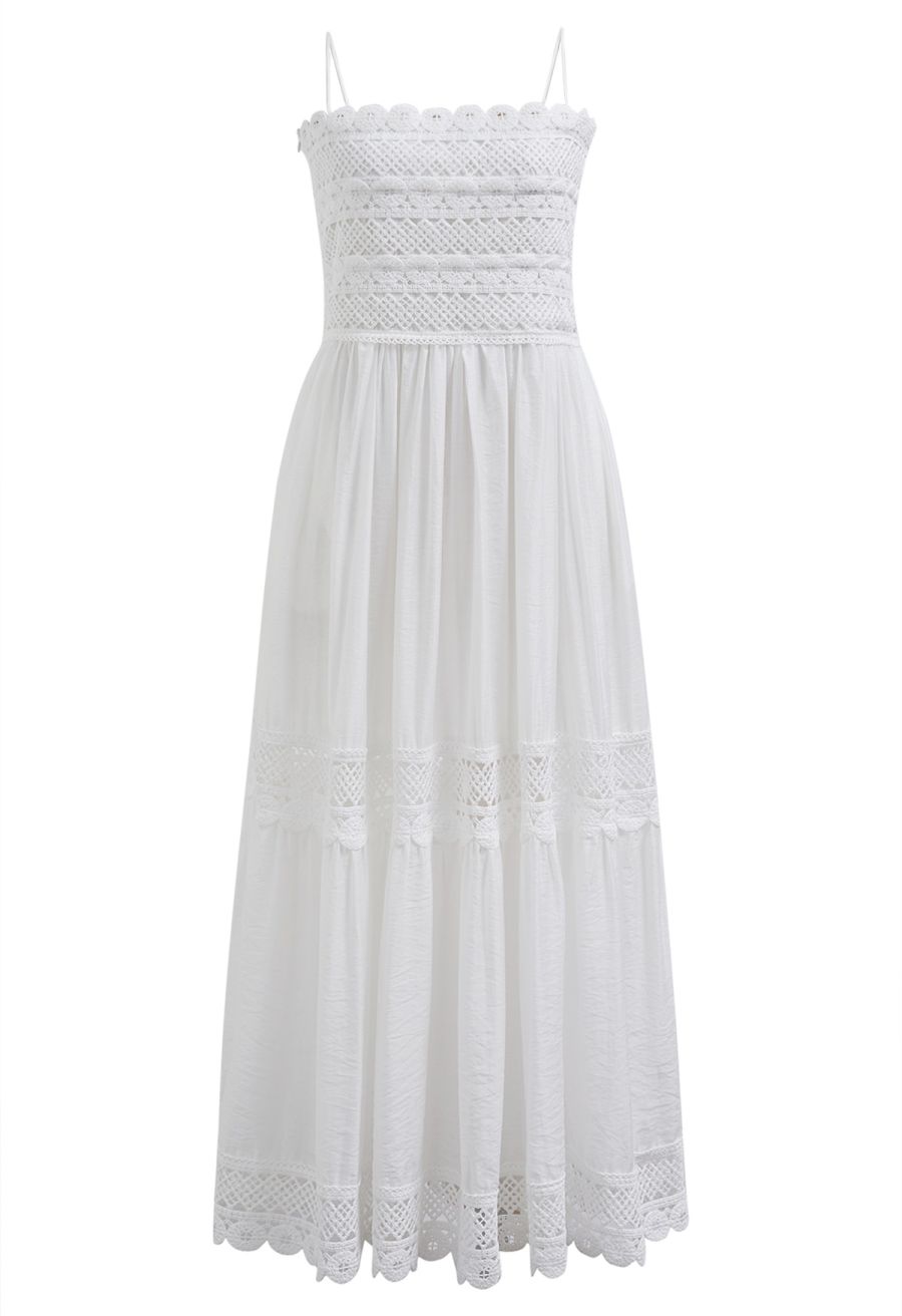 Lace Crochet Inserted Cami Midi Dress in White