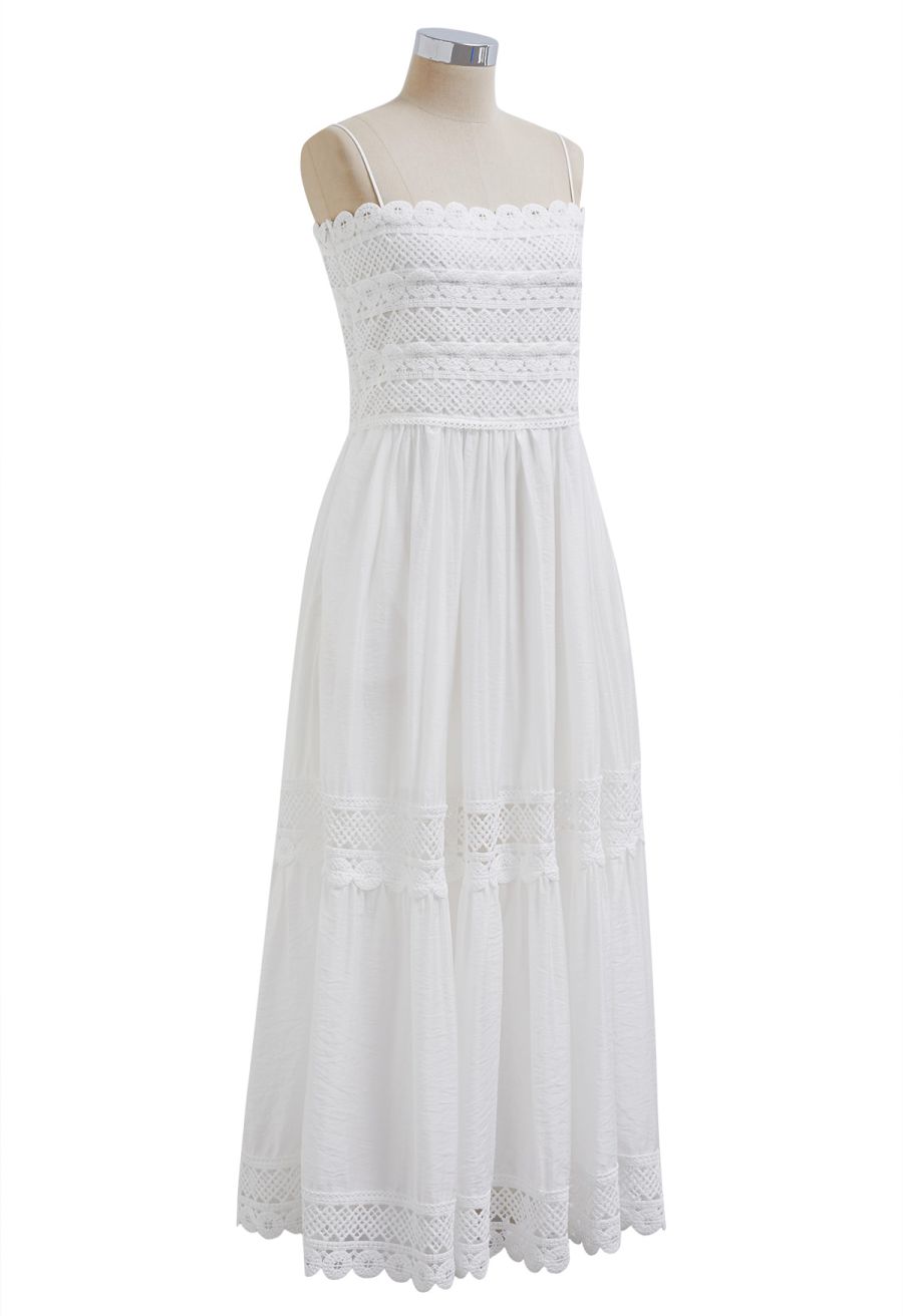 Lace Crochet Inserted Cami Midi Dress in White
