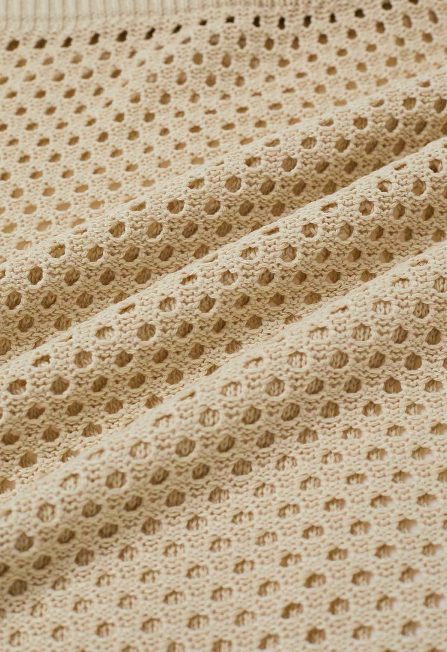 Open-Knit Crochet Longline Buttoned Top and Mini Skirt Set