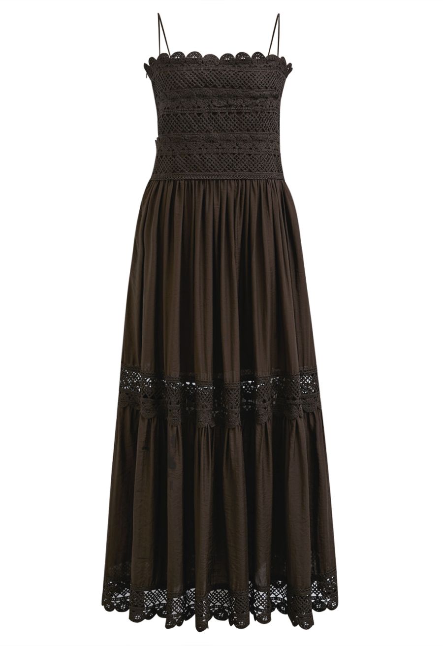 Lace Crochet Inserted Cami Midi Dress in Chocolate