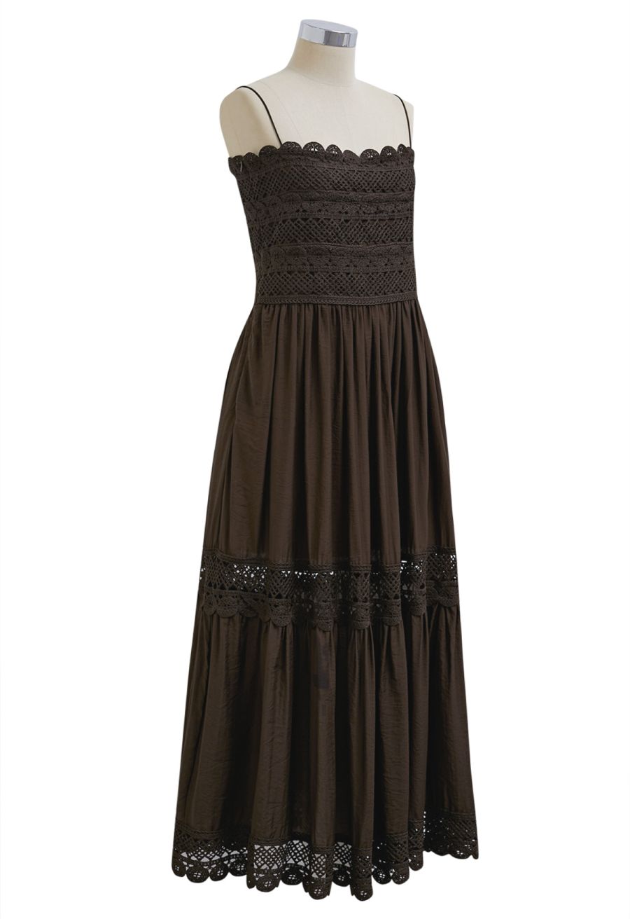 Lace Crochet Inserted Cami Midi Dress in Chocolate