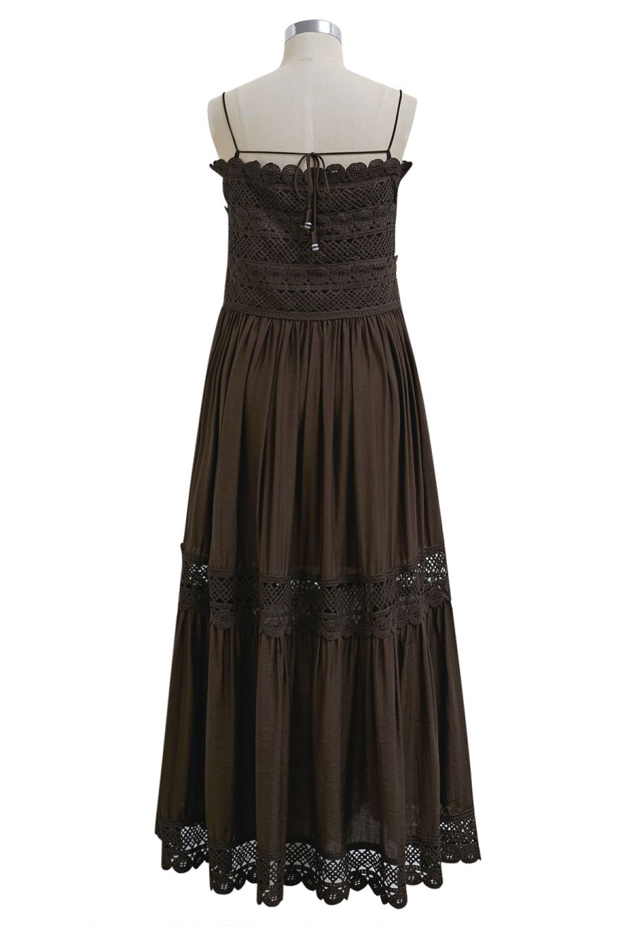 Lace Crochet Inserted Cami Midi Dress in Chocolate