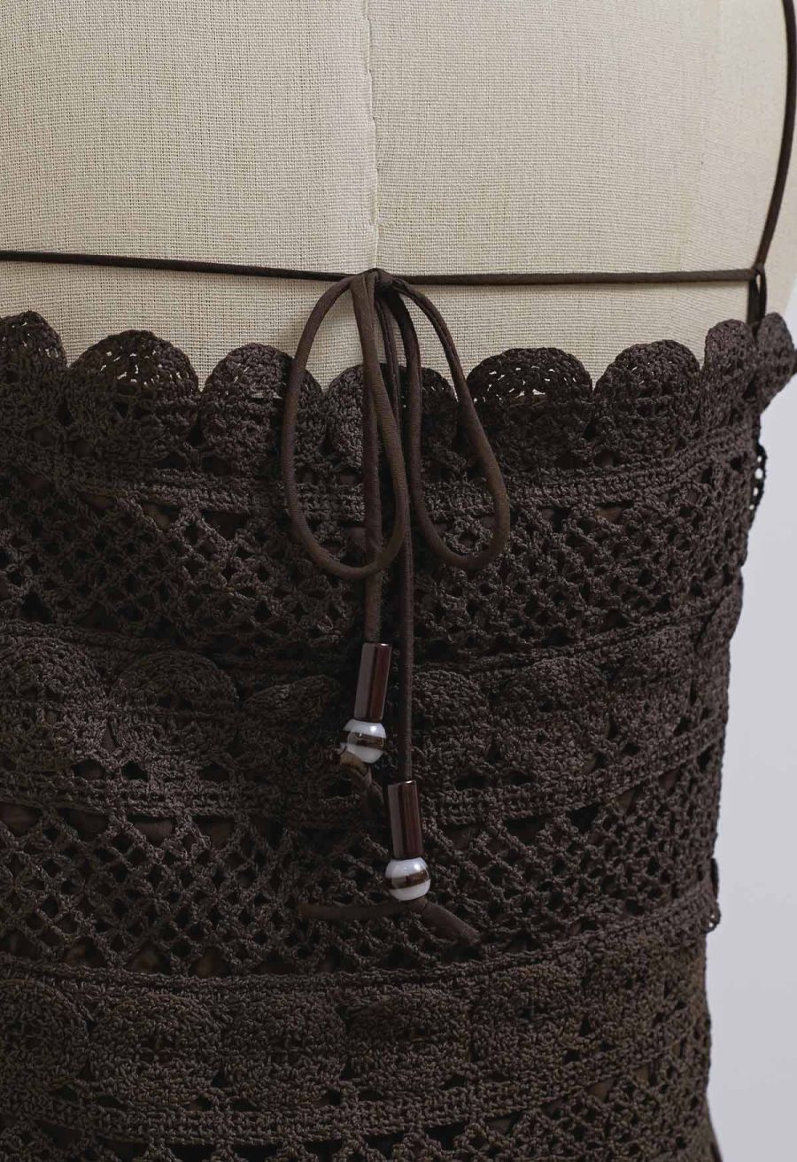 Lace Crochet Inserted Cami Midi Dress in Chocolate