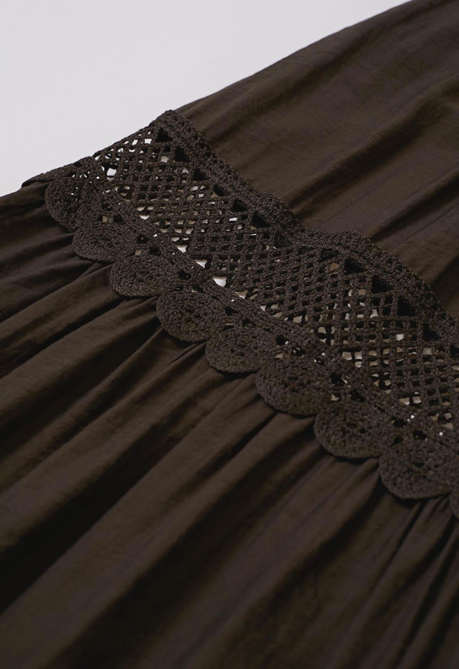 Lace Crochet Inserted Cami Midi Dress in Chocolate