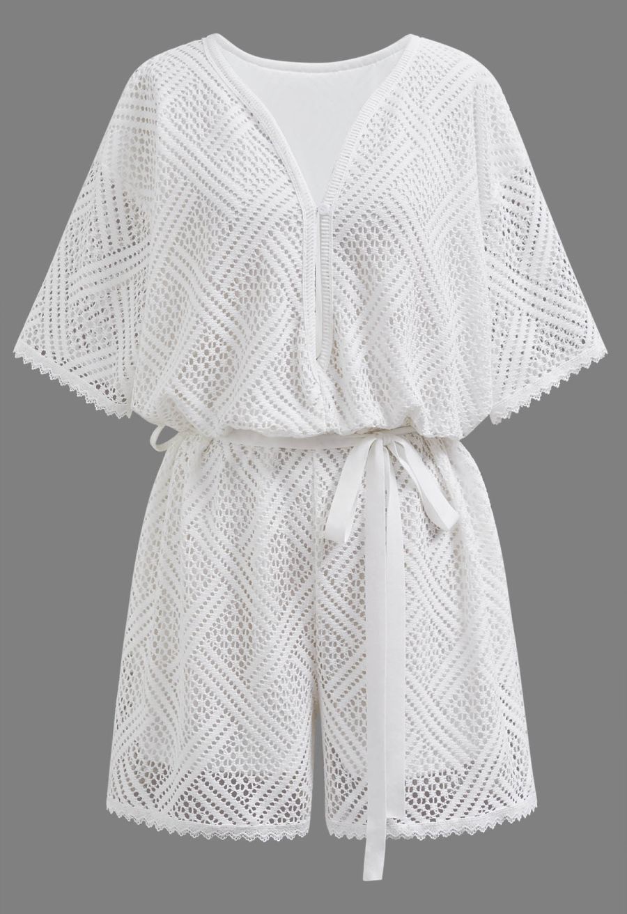 Deep V-Neck Eyelet Crochet Playsuit