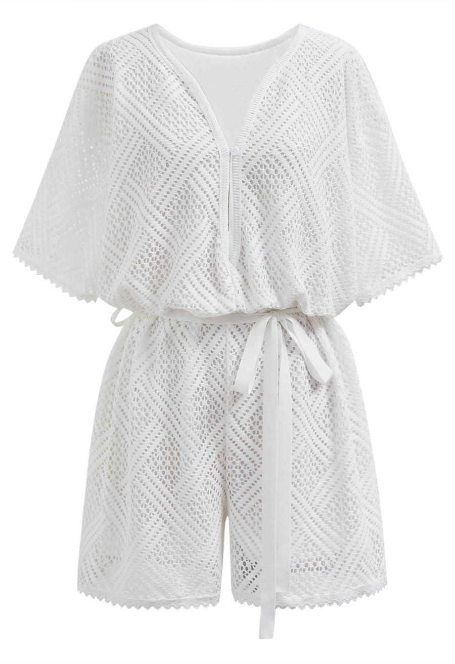 Deep V-Neck Eyelet Crochet Playsuit