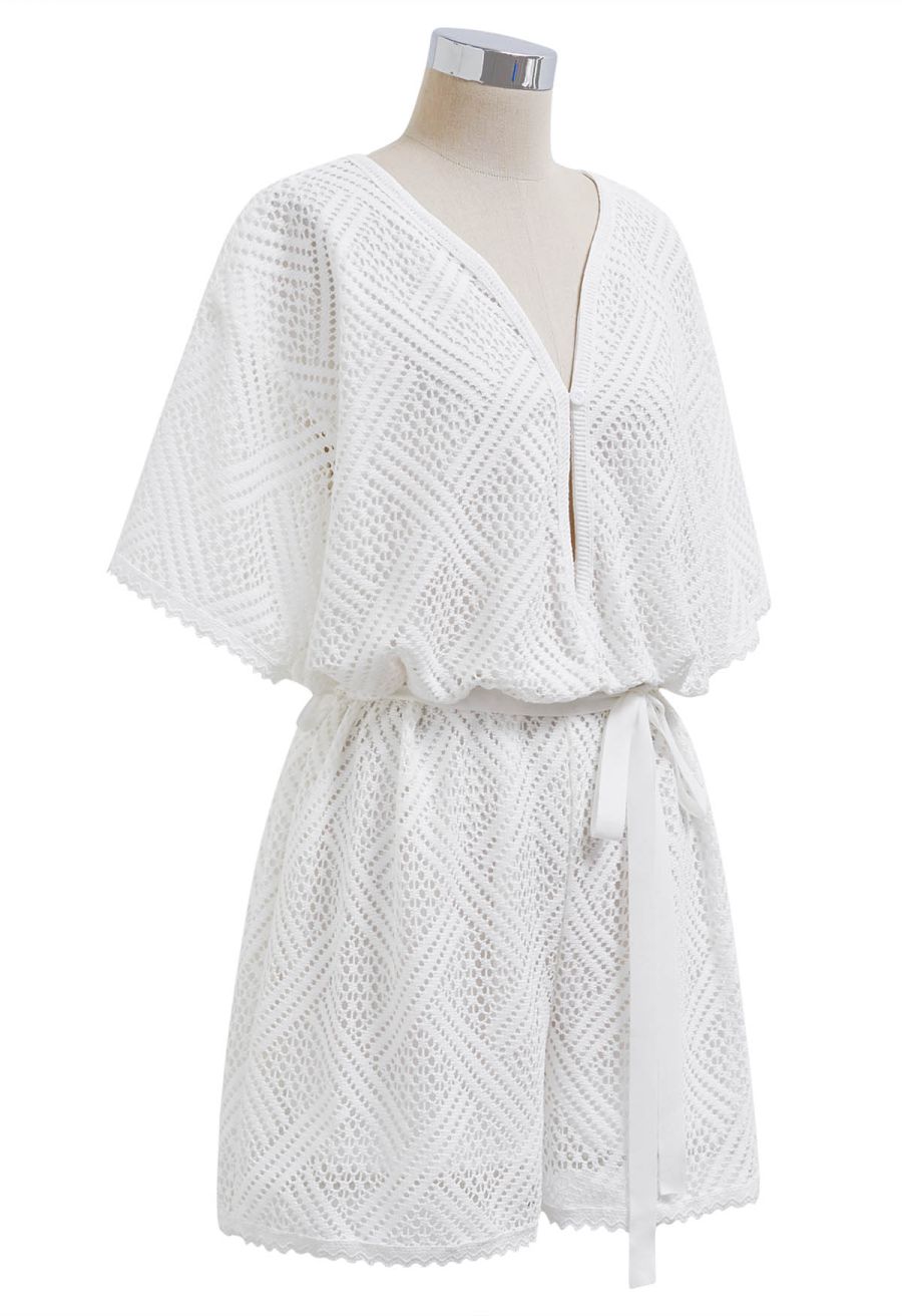 Deep V-Neck Eyelet Crochet Playsuit