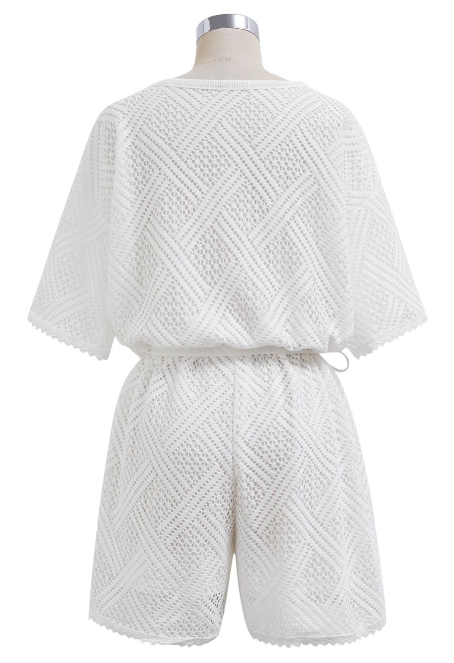 Deep V-Neck Eyelet Crochet Playsuit