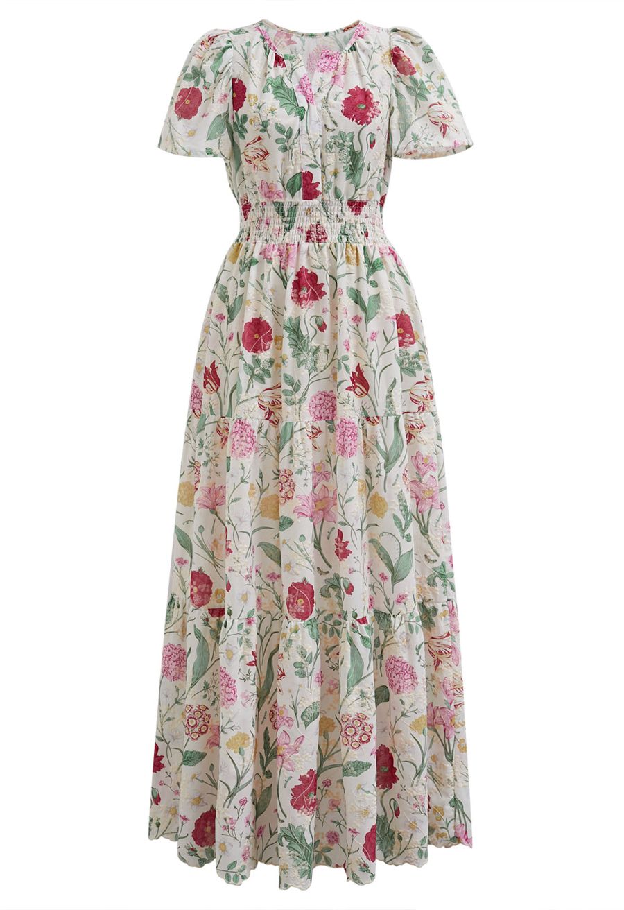 Ebullient Flower Embroidered Frilling Maxi Dress