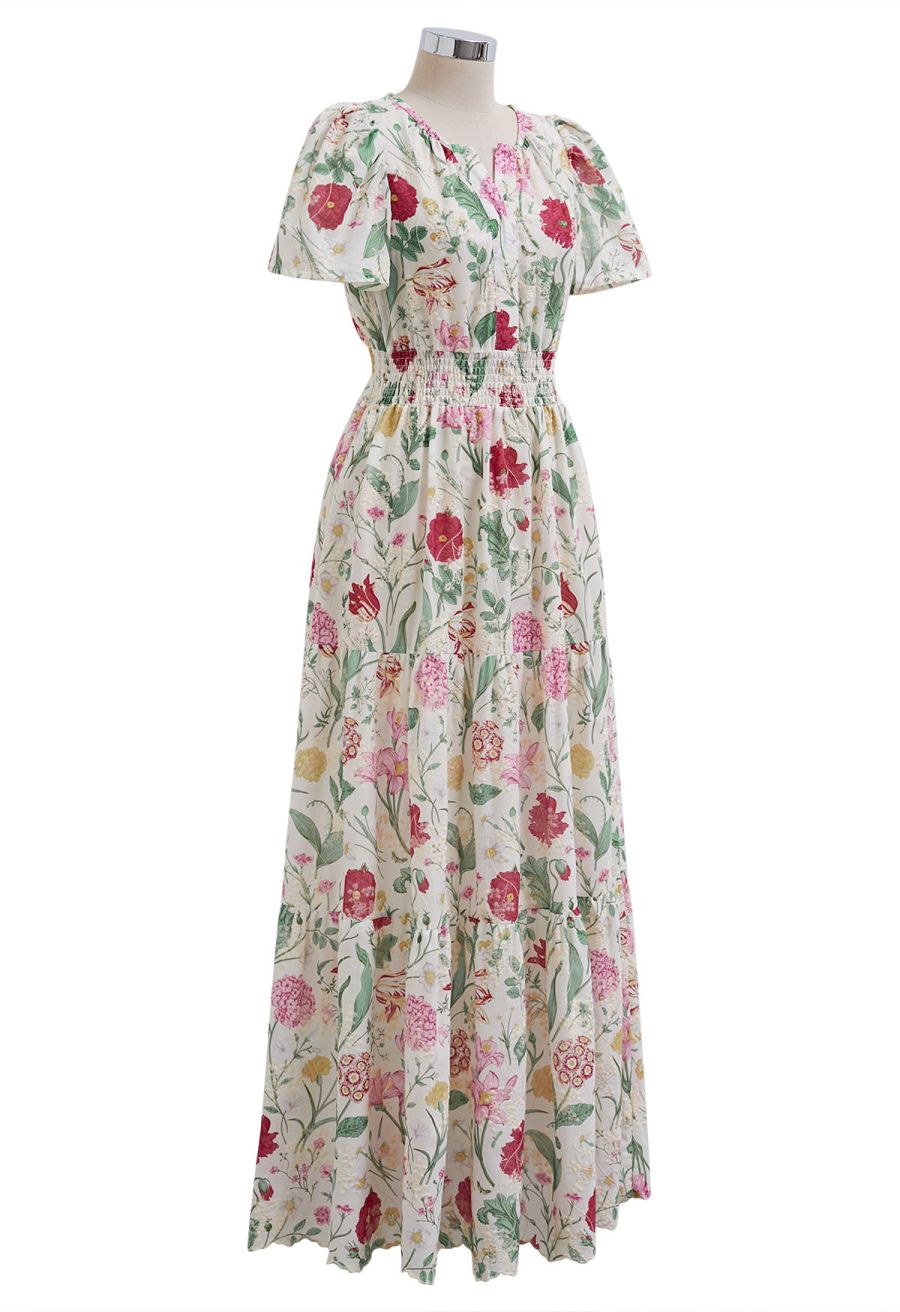 Ebullient Flower Embroidered Frilling Maxi Dress