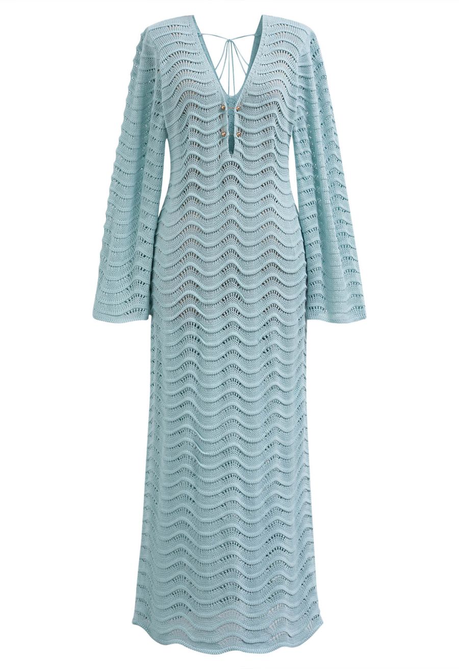 V-Neck Wavy Open-Knit Crochet Cover-Up Maxi Dress in Mint