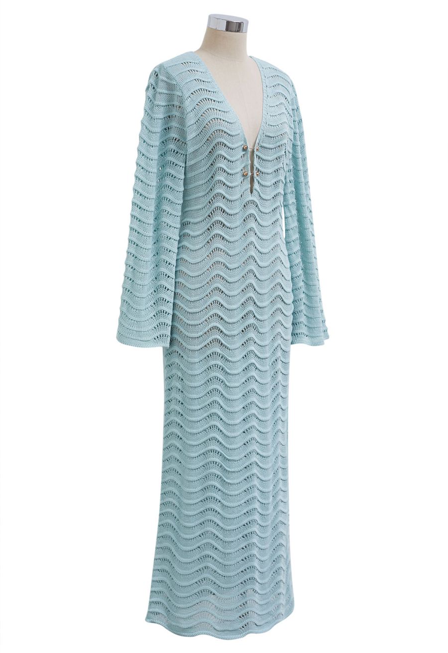 V-Neck Wavy Open-Knit Crochet Cover-Up Maxi Dress in Mint