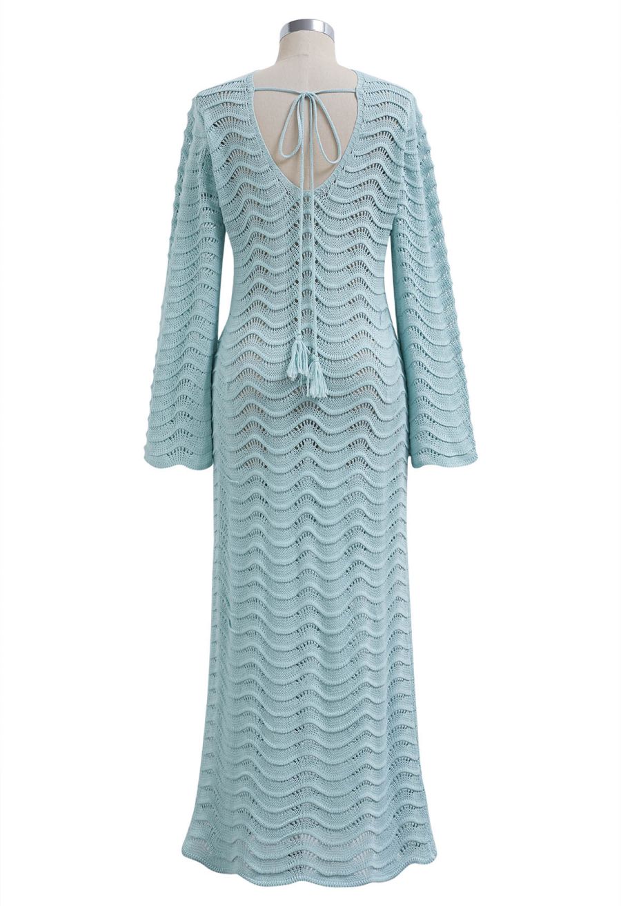 V-Neck Wavy Open-Knit Crochet Cover-Up Maxi Dress in Mint