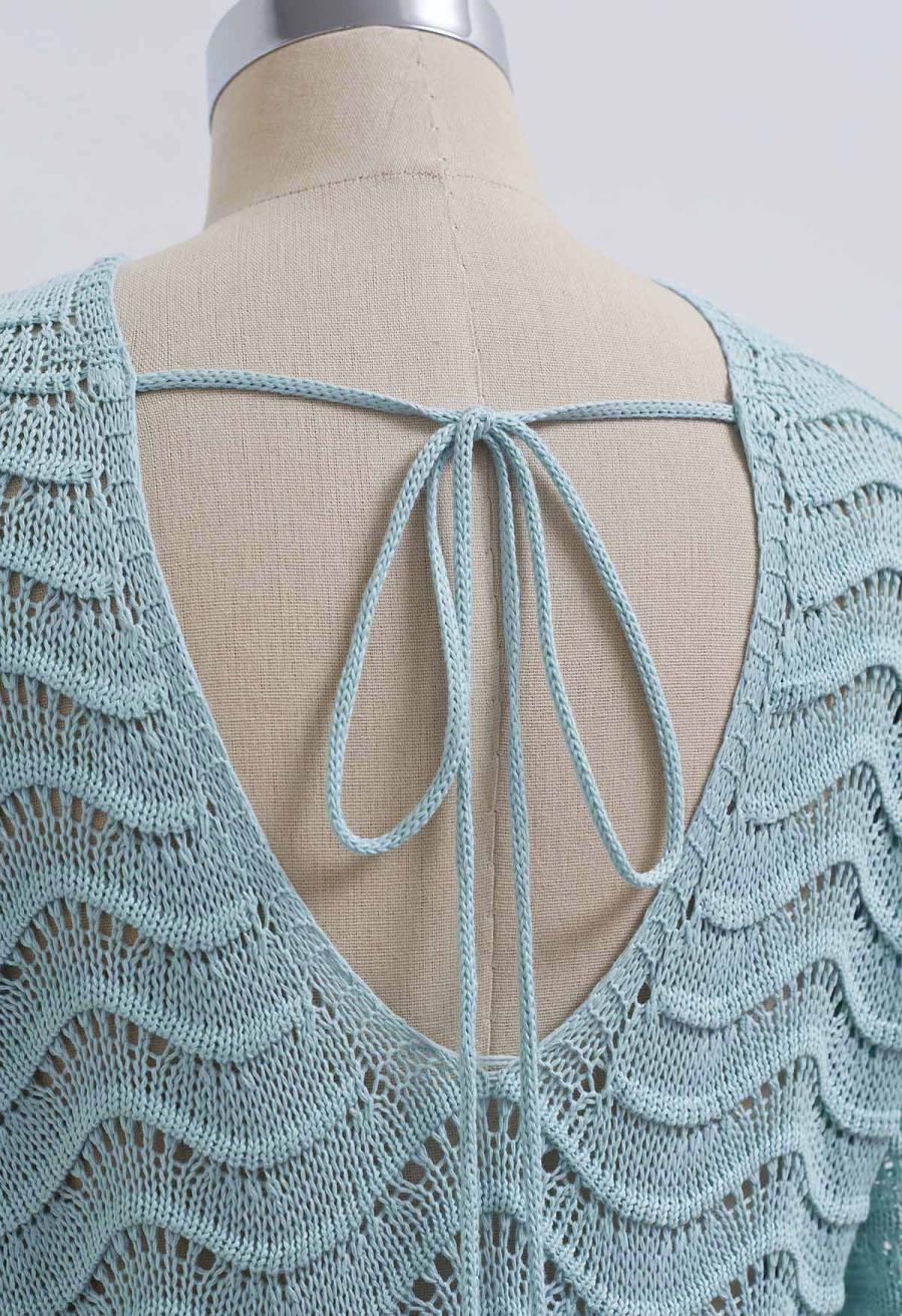 V-Neck Wavy Open-Knit Crochet Cover-Up Maxi Dress in Mint