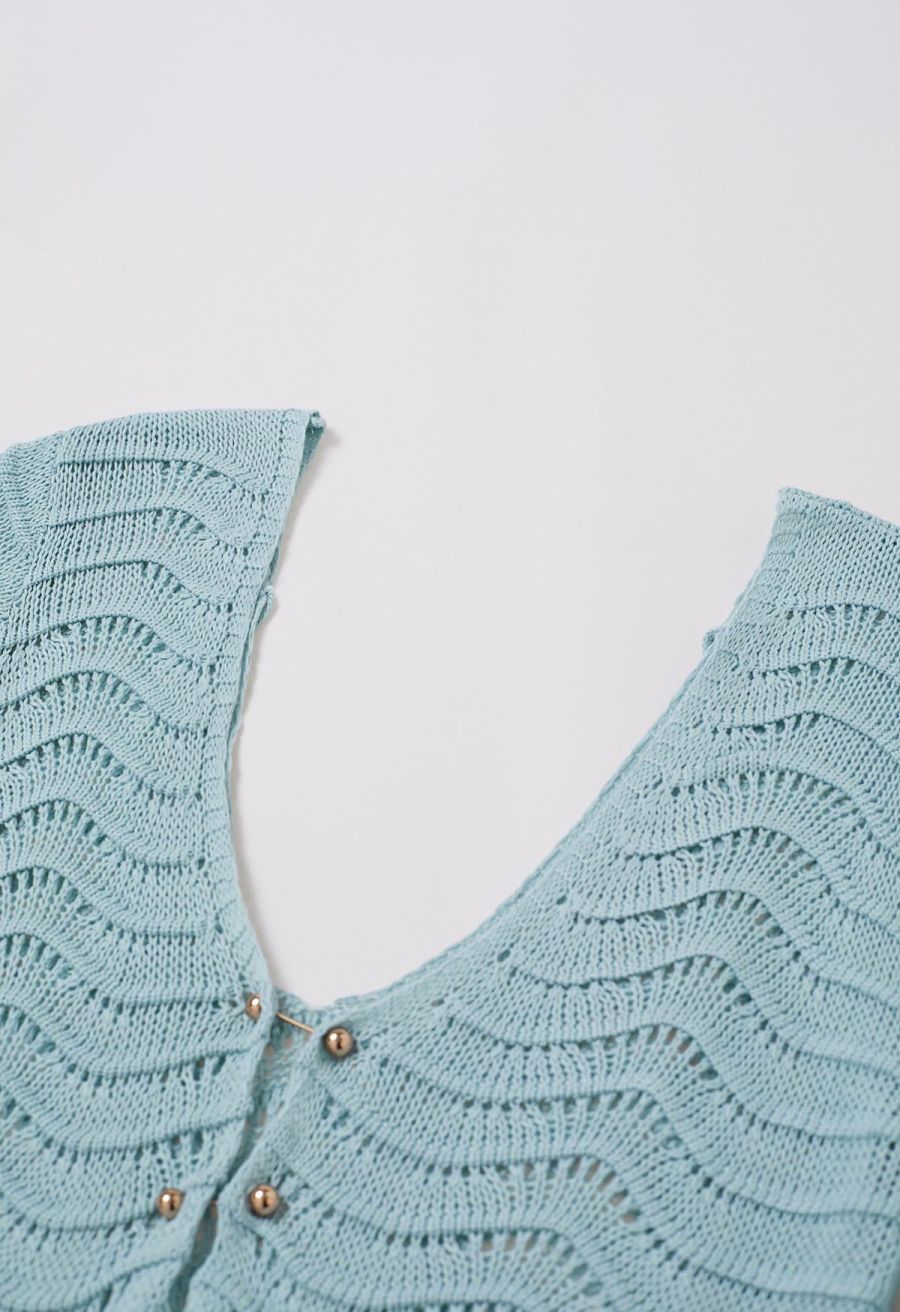 V-Neck Wavy Open-Knit Crochet Cover-Up Maxi Dress in Mint