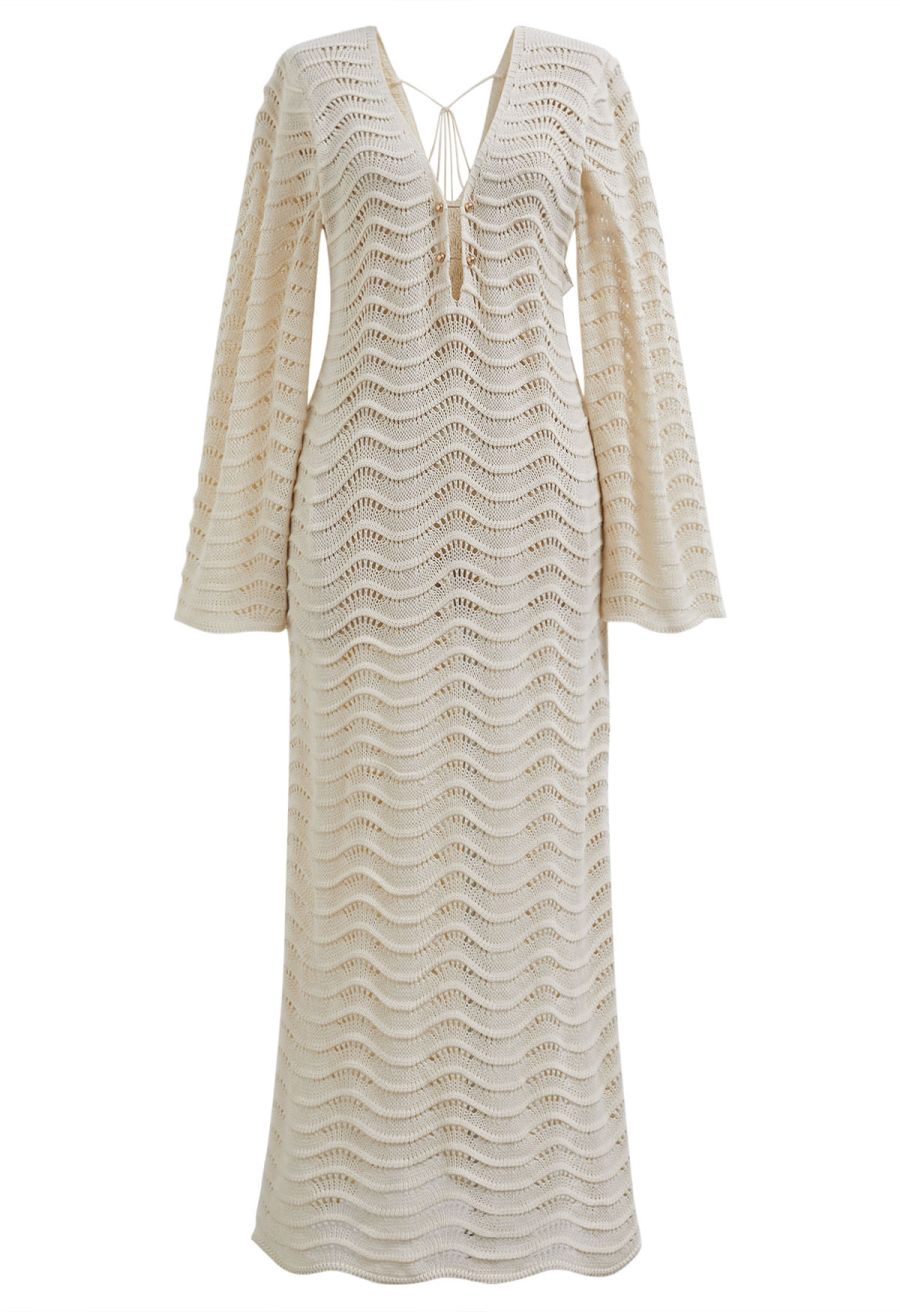 V-Neck Wavy Open-Knit Crochet Cover-Up Maxi Dress in Sand
