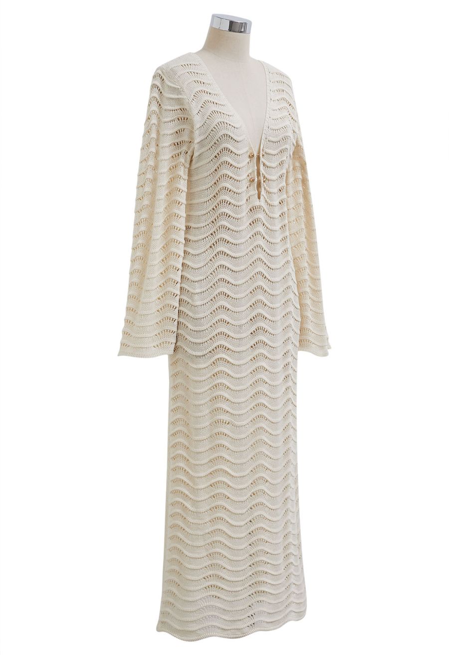 V-Neck Wavy Open-Knit Crochet Cover-Up Maxi Dress in Sand