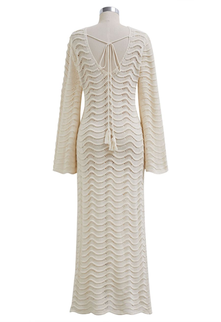 V-Neck Wavy Open-Knit Crochet Cover-Up Maxi Dress in Sand