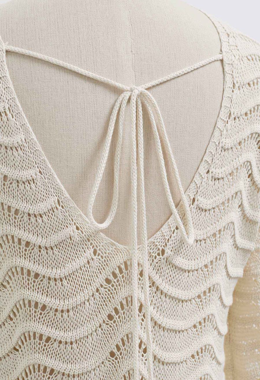 V-Neck Wavy Open-Knit Crochet Cover-Up Maxi Dress in Sand