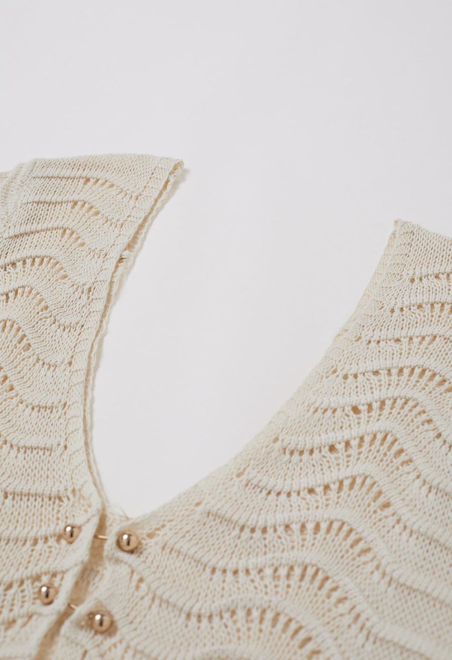 V-Neck Wavy Open-Knit Crochet Cover-Up Maxi Dress in Sand