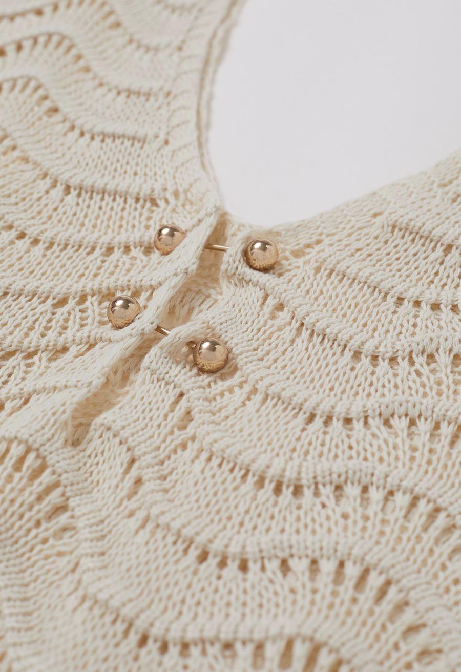 V-Neck Wavy Open-Knit Crochet Cover-Up Maxi Dress in Sand