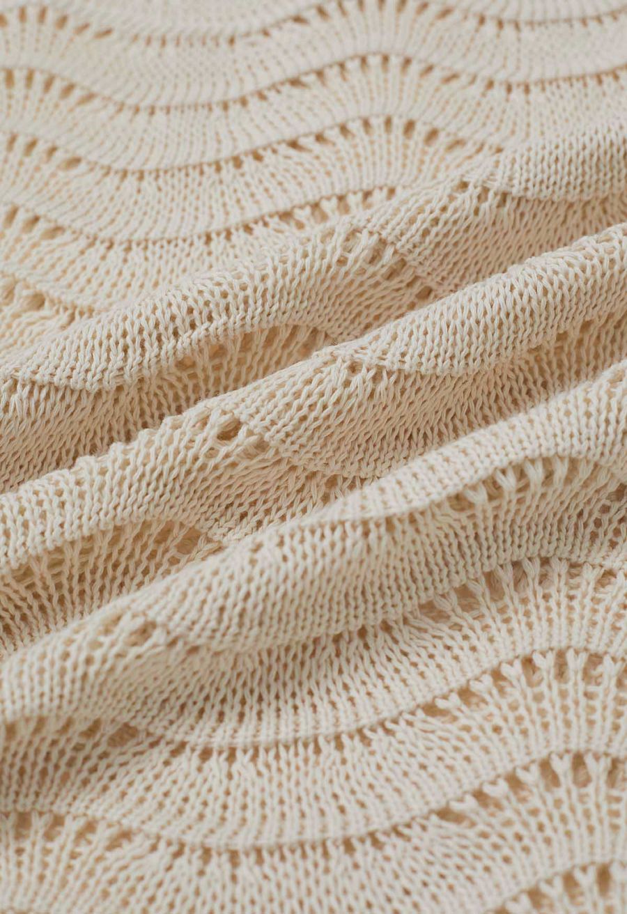 V-Neck Wavy Open-Knit Crochet Cover-Up Maxi Dress in Sand