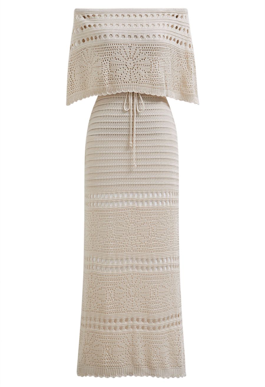 Off-Shoulder Open-Knit Crochet Twinset Dress in Sand