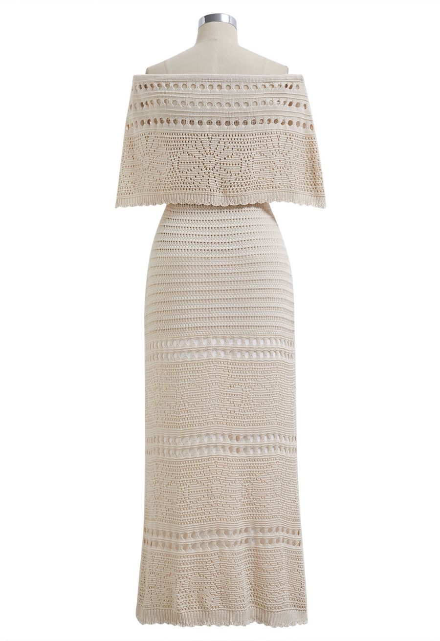 Off-Shoulder Open-Knit Crochet Twinset Dress in Sand