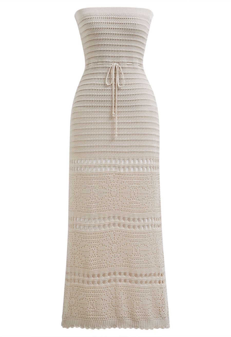 Off-Shoulder Open-Knit Crochet Twinset Dress in Sand