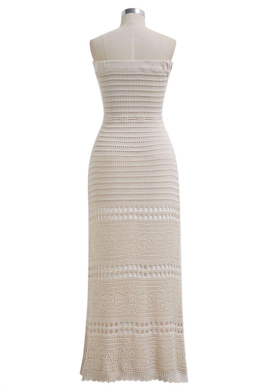 Off-Shoulder Open-Knit Crochet Twinset Dress in Sand