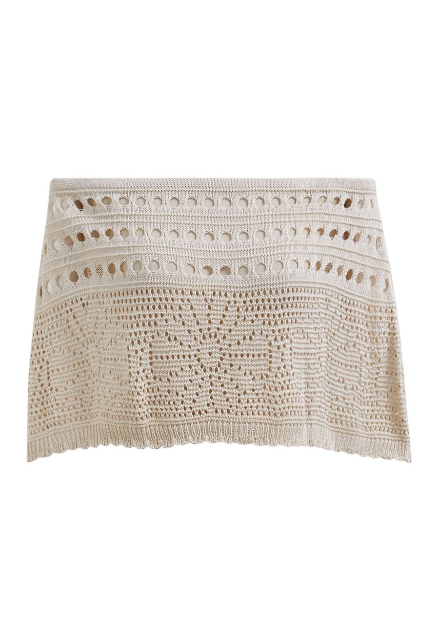 Off-Shoulder Open-Knit Crochet Twinset Dress in Sand