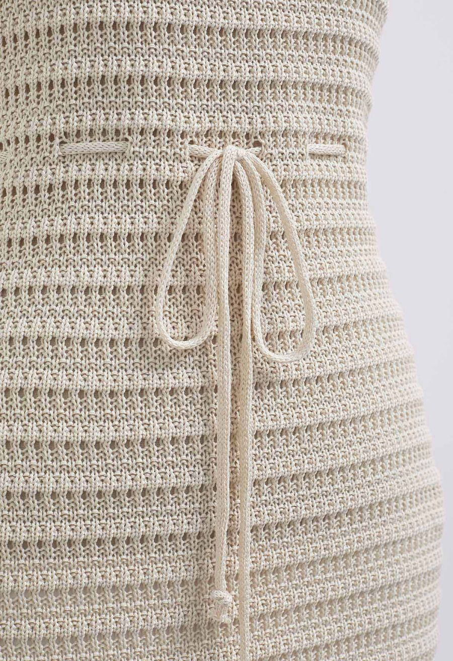 Off-Shoulder Open-Knit Crochet Twinset Dress in Sand