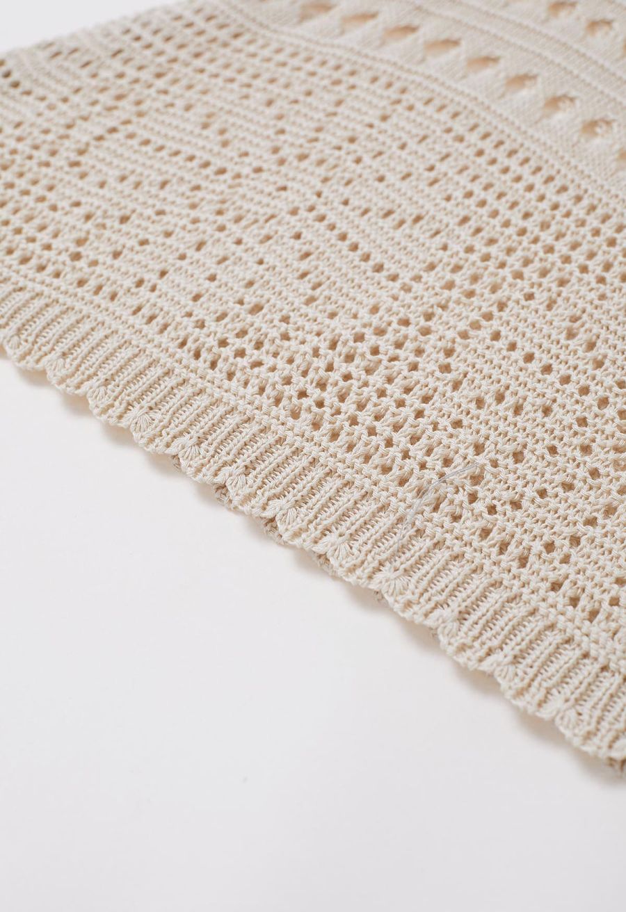 Off-Shoulder Open-Knit Crochet Twinset Dress in Sand