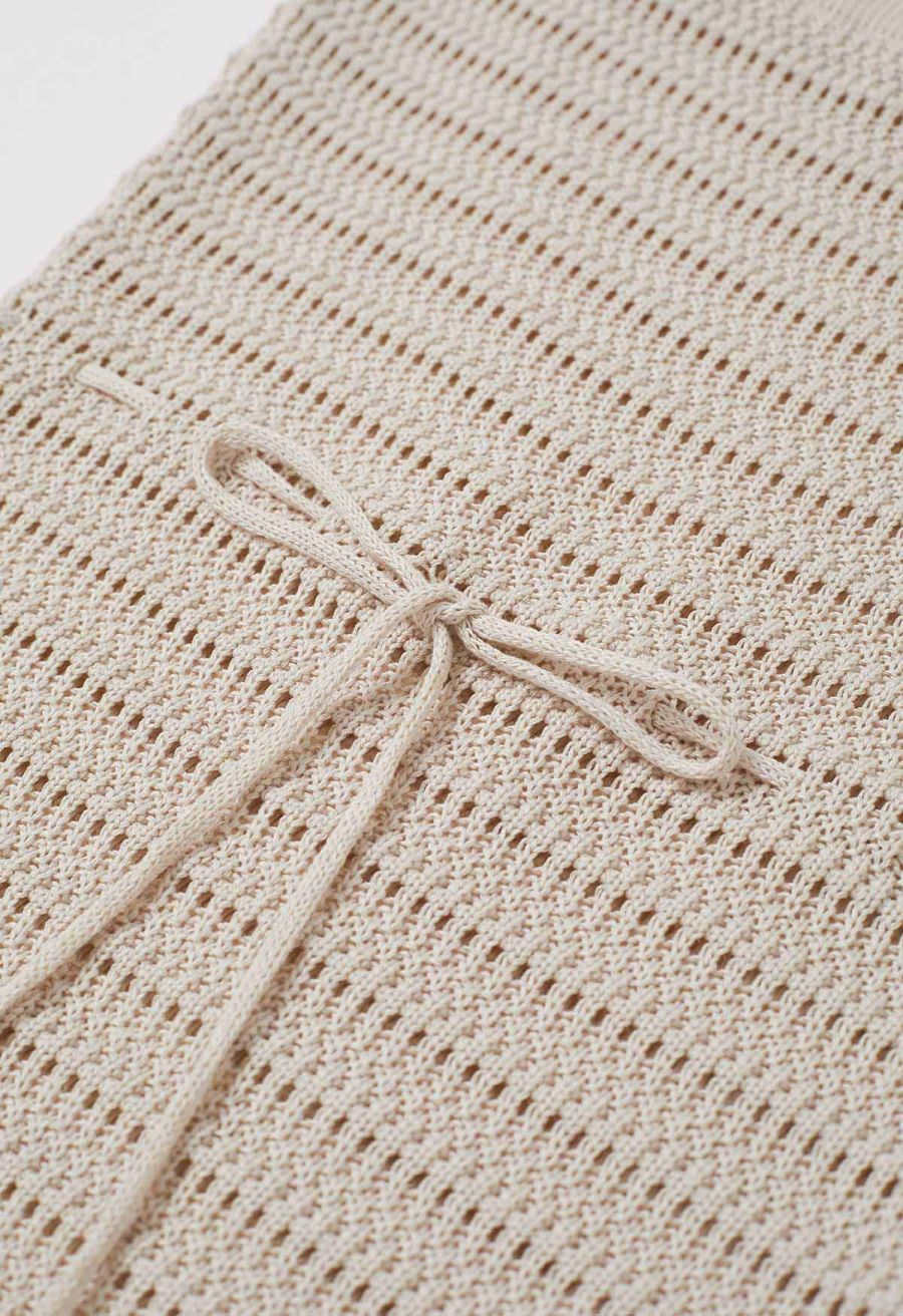 Off-Shoulder Open-Knit Crochet Twinset Dress in Sand