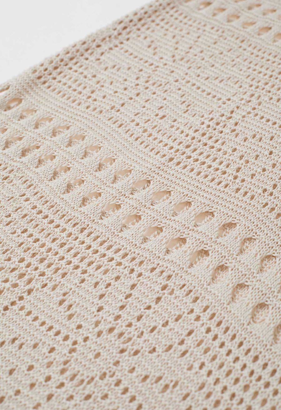 Off-Shoulder Open-Knit Crochet Twinset Dress in Sand