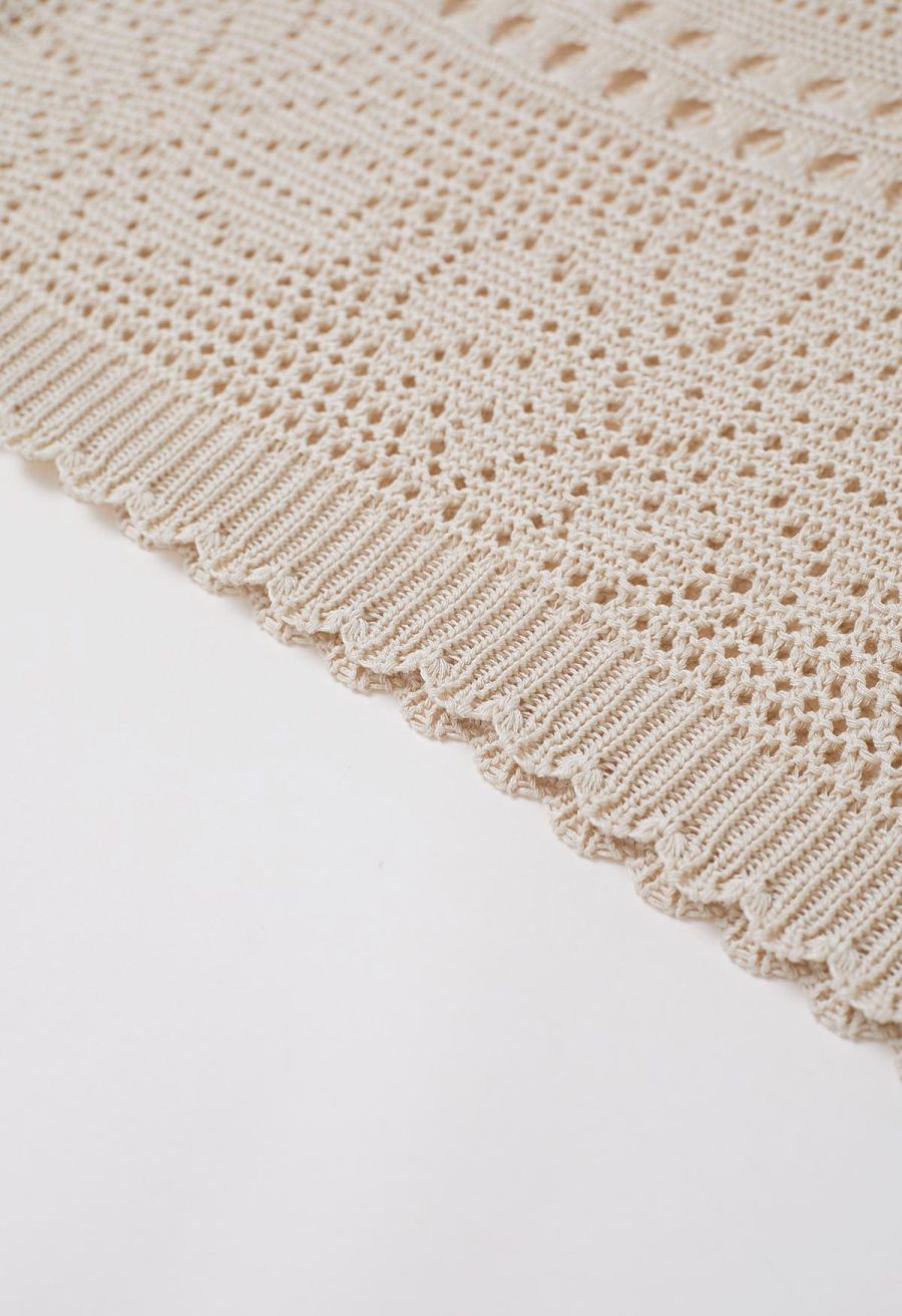 Off-Shoulder Open-Knit Crochet Twinset Dress in Sand