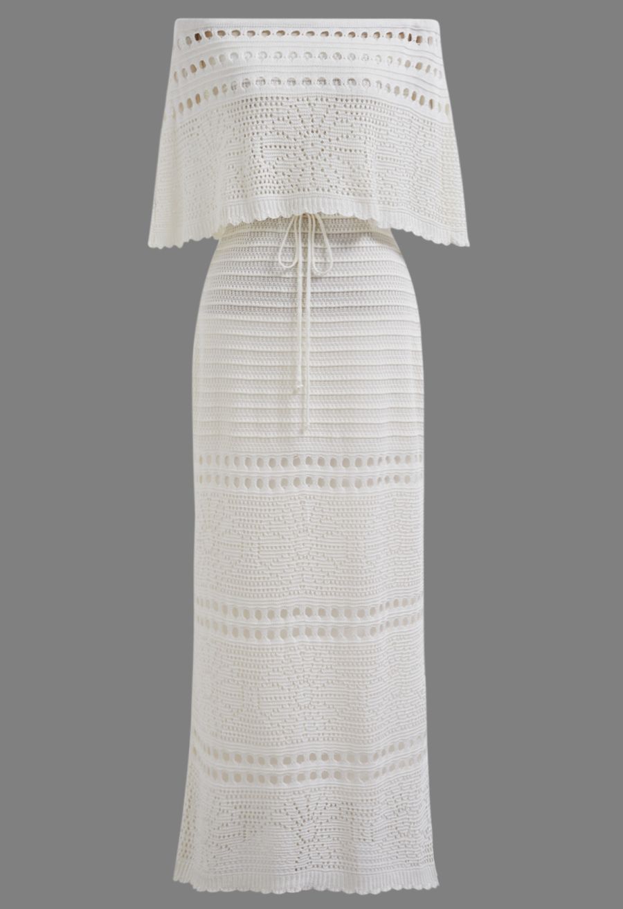 Off-Shoulder Open-Knit Crochet Twinset Dress in Ivory