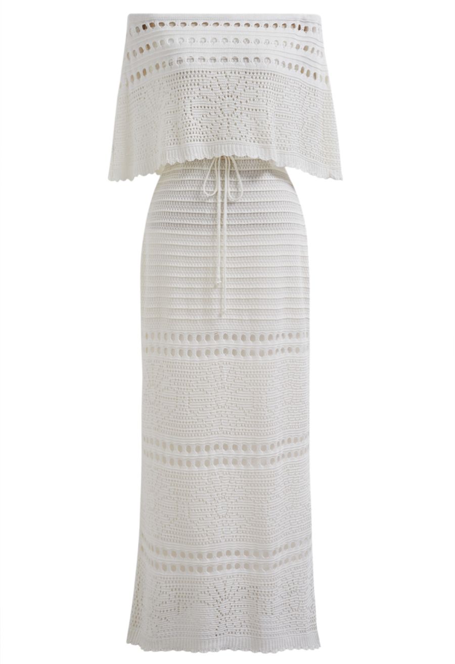 Off-Shoulder Open-Knit Crochet Twinset Dress in Ivory